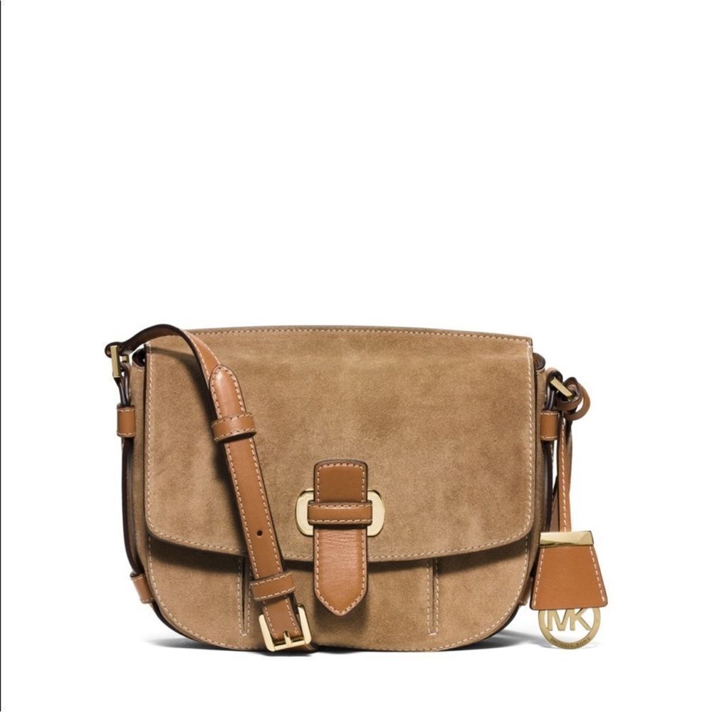 Michael Kors Authentic Romy Medium Suede Crossbody Messenger Bag Tan Leather